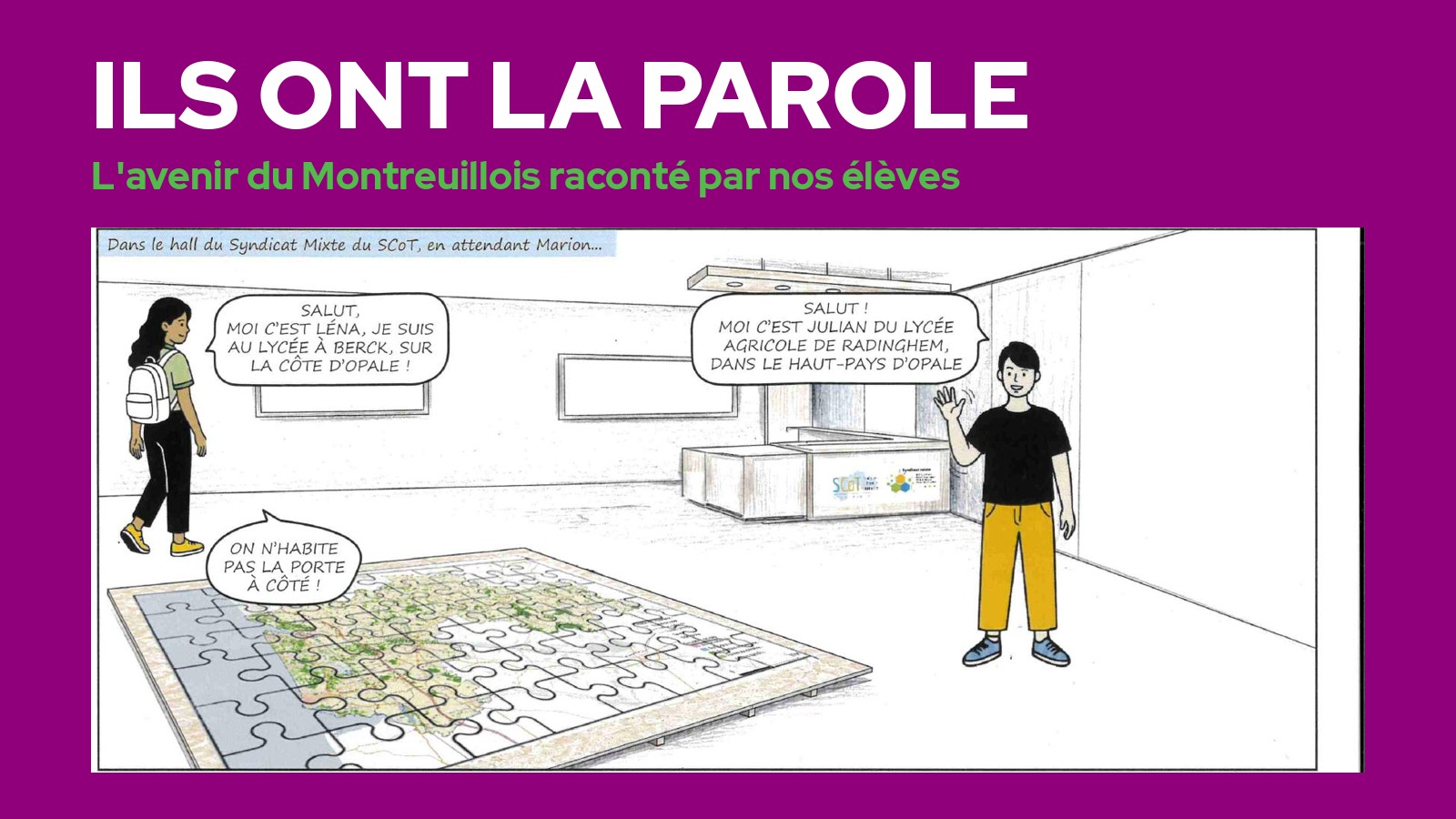 Léna et Julian, personnages de la BD, dans le hall du Syndicat mixte du SCoT du Montreuillois